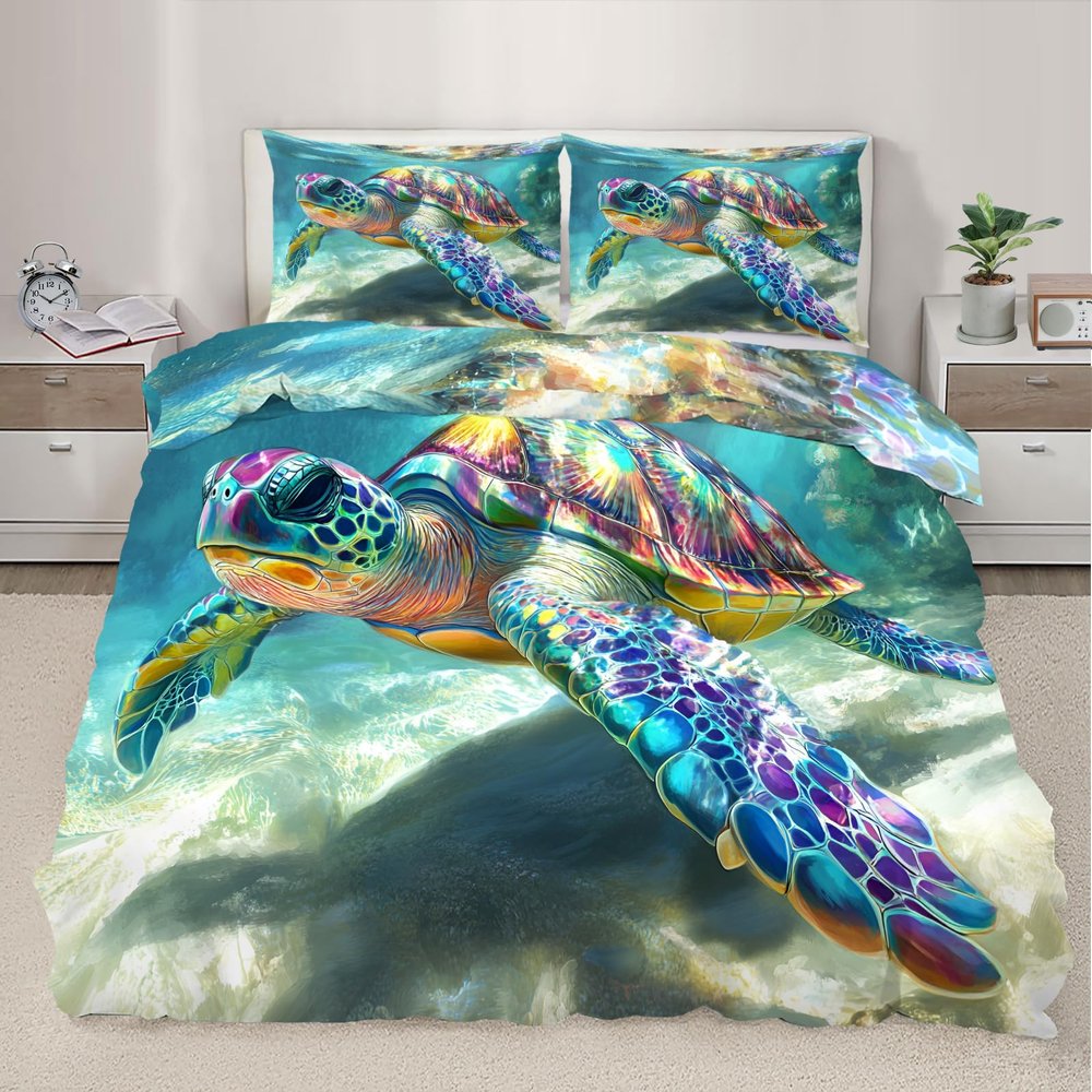 RUHEYIA Sea Turtles Duvet Cover Set Twin Size Marine Life Comforter Cover with 2 Pillowcases Turtles Bedding Set 3pcs for Kids Boys Teens, No Comforter