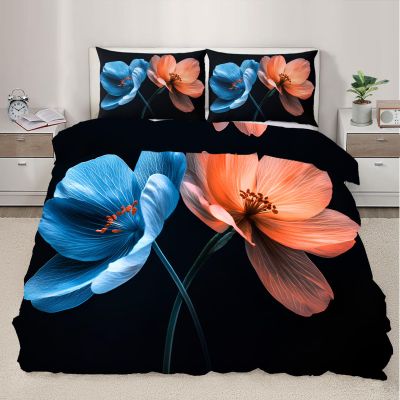 FlowersBedding Sets California King Blue and Orange Flowers Decor Teen Duvet Cover Set Romantic Plants Comforter Cover Set Children Comforter Cover for Adult Kids Girls Boys