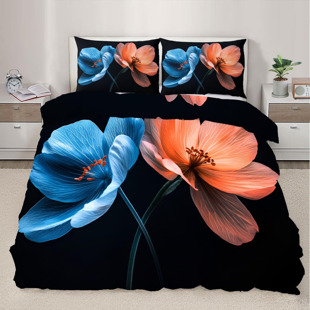 FlowersBedding Sets California King Blue and Orange Flowers Decor Teen Duvet Cover Set Romantic Plants Comforter Cover Set Children Comforter Cover for Adult Kids Girls Boys