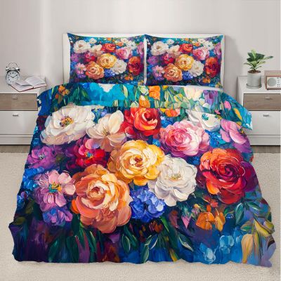 Flowers Duvet Cover Set Twin Size Colorful Petals Comforter Cover with 2 Pillowcases Graffiti Painting Bedding Set 3pcs for Kids Boys Teens Bedroom Decor, Lightweight Bedspread Cover No Comforter