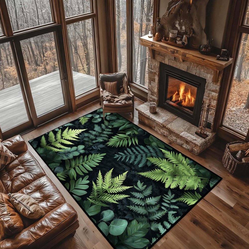 10x12 Vintage Botanical Floral Rug, Green Tropical Fern Leaves Rug, Fern Rugs, Plant Rugs for Living Room, Boho Botanical Carpet, Large Soft Washable Carpet