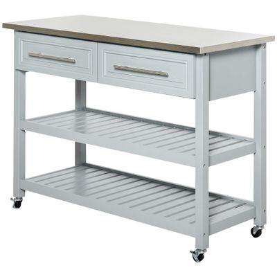 Kitchen Island with Stainless Steel Top, Traditional Kitchen Island with Storage, 2-Tier Open Shelves, Drawers,for Restaurants