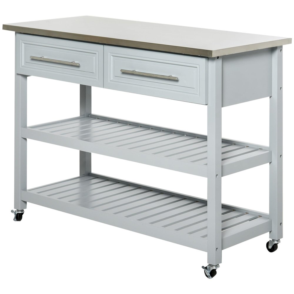 Kitchen Island with Stainless Steel Top, Traditional Kitchen Island with Storage, 2-Tier Open Shelves, Drawers,for Restaurants