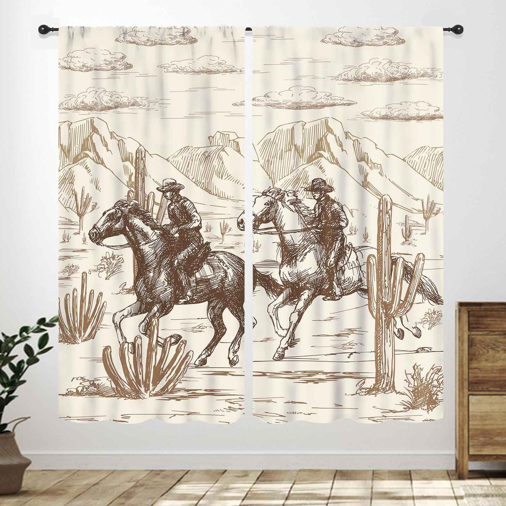 Lnepty Western Cowboy Window Curtains,Wild West Cowboy Ride Horse Desert Cactu Farmhouse Country American West Theme Window Drapes Treatments for Bedroom Kitchen Bathroom 2 Panels,63X72 Inch