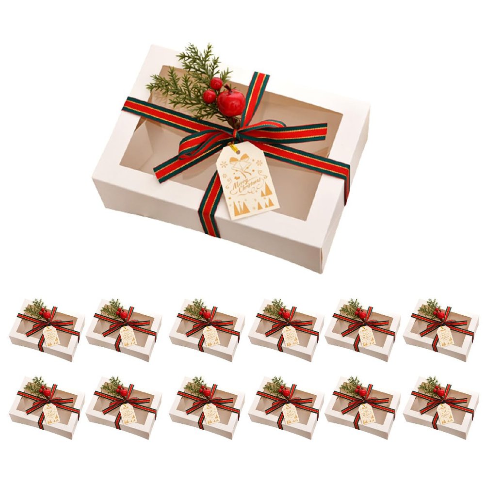 TIMBLESSING 12 Pack Christmas Gift Boxes with Clear Window, Red Christmas Gift Boxes with Ribbon, Pine Sprigs & Berry Decorations for Holiday Wrapping, 8.7x5.9x2.8 Inch (white)