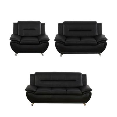 3 Piece Leather Sofa Set with 3-Seater Couch, Loveseat and Armchair Modern Couch Set with Metal Leg Support Pillow Top Armrests Living Room Furniture Set for Bedroom/Office(Black,3PCS Sofa Set)