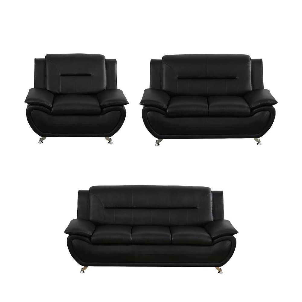 3 Piece Leather Sofa Set with 3-Seater Couch, Loveseat and Armchair Modern Couch Set with Metal Leg Support Pillow Top Armrests Living Room Furniture Set for Bedroom/Office(Black,3PCS Sofa Set)