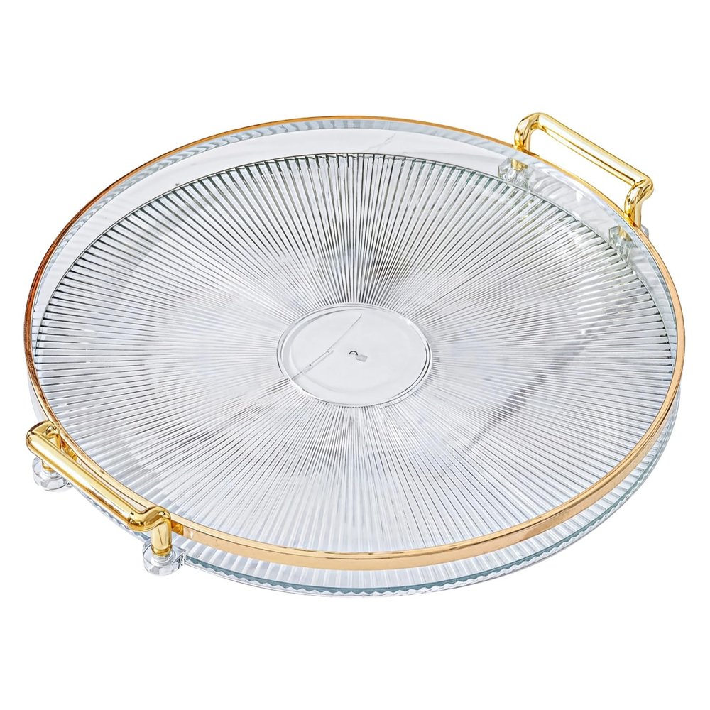 byepica Gold Border Clear Plastic Vanity Tray, Elegant Round Organizer for Bathroom, Modern Display Tray for Decorative Items, Fruits, and Snacks
