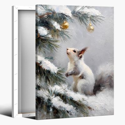 Vintage Winter Forest Painting Animals squirrel Poster Christmas Wall Art Canvas Print Pictures Winter Country Farmhouse Decor for Xmas Home Living Room 24x36inch Framed