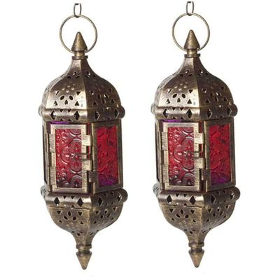 2Pcs Candle Lantern Hanging Tea Light Candle Holders Moroccan Lantern for Balcony Patio Halloween Christmas Decor