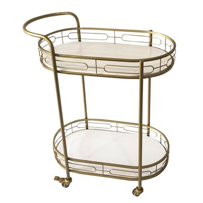 XYIANG Storage Cart for Variety Applications 2-Tiers Service Cart Oval Gold Bar Carts On Wheels Metal Board Top Serving Cart Kitchen Storage Trolley Bathroom Kitchen