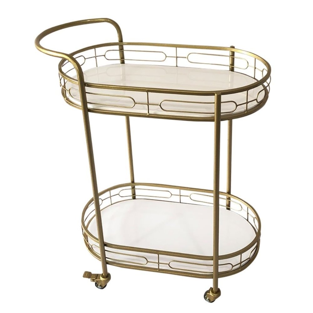 XYIANG Storage Cart for Variety Applications 2-Tiers Service Cart Oval Gold Bar Carts On Wheels Metal Board Top Serving Cart Kitchen Storage Trolley Bathroom Kitchen
