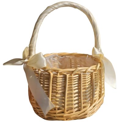 Vestamore Wicker Flower Basket, 9.5 X 8 in, Rustic Woven Wedding Basket with Ribbon Handle, Elegant Princess Rattan Picnic Basket
