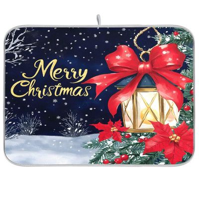 Christmas Lights Poinsettia Dish Drying Mat 16x18 Absorbent Dishes Pad Dish Drainer Mat Protector for Kitchen Fast Dry