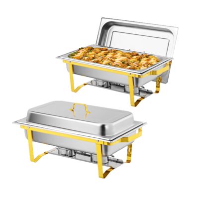 Bonnlo 2 Pack Chafing Dishes for Buffet, 9 Qt Stainless Steel Food Warmer Set with Lids, Rolled Edge Catering Chafer with Folding Frame for Wedding, Banquet, Party & Hotel Service, Silver & Gold