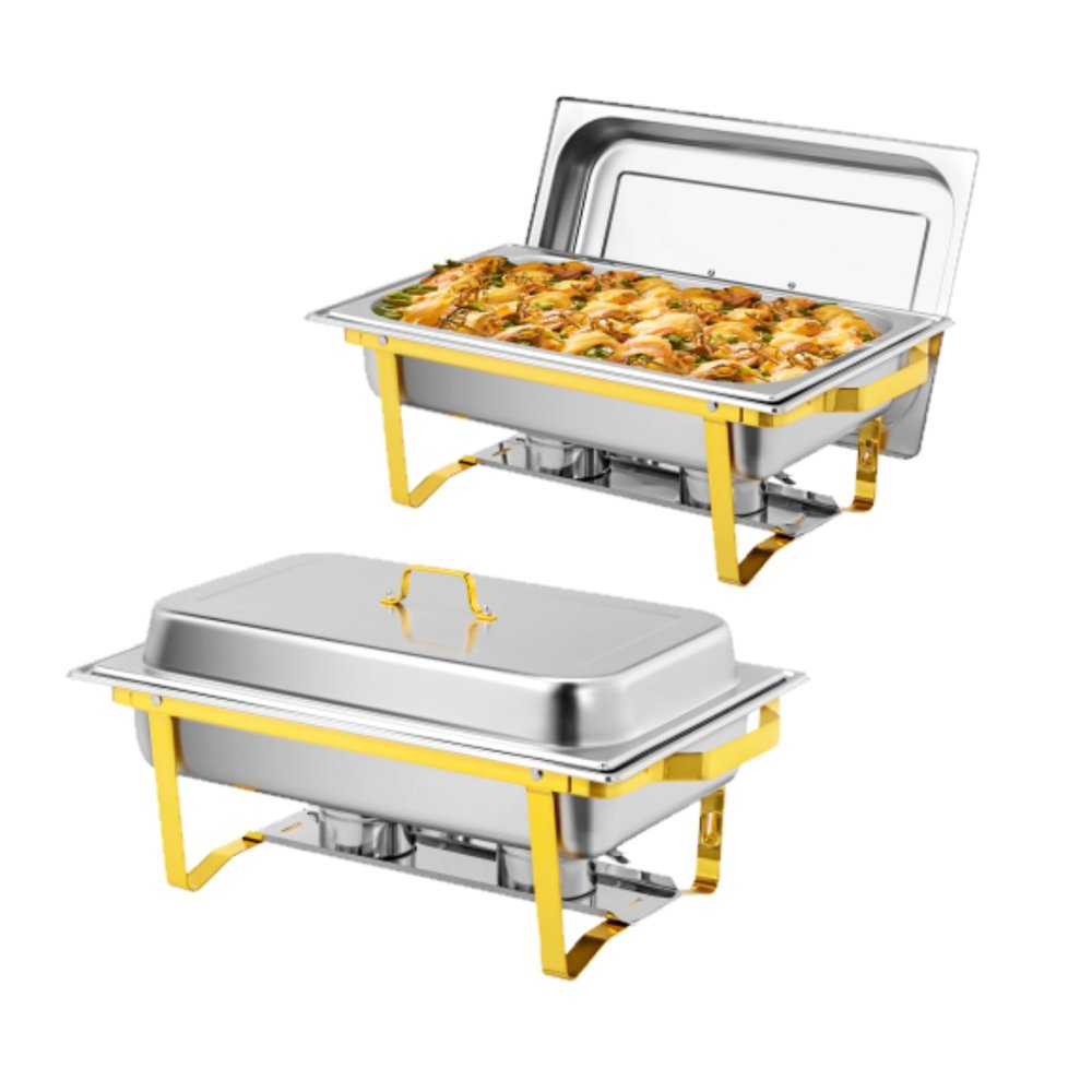 Bonnlo 2 Pack Chafing Dishes for Buffet, 9 Qt Stainless Steel Food Warmer Set with Lids, Rolled Edge Catering Chafer with Folding Frame for Wedding, Banquet, Party & Hotel Service, Silver & Gold