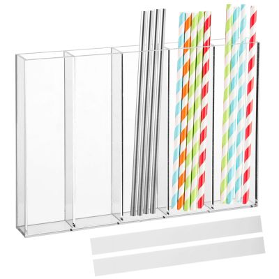 5 Slot Clear Acrylic Straw Holder, Fully Sealed Organizer for Cabinets, Transparent Self-Adhesive Straw Dispenser for Kitchen Pantry, Accommodates Different Sizes