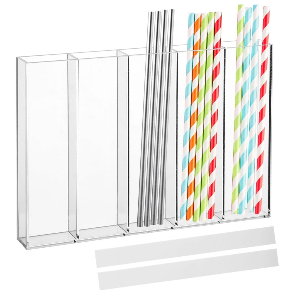 5 Slot Clear Acrylic Straw Holder, Fully Sealed Organizer for Cabinets, Transparent Self-Adhesive Straw Dispenser for Kitchen Pantry, Accommodates Different Sizes
