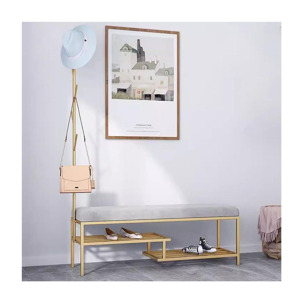 Hall Tree Coat Rack with Bench and Shoe Storage, Industrial Metal Coat Tree with Shelf and 5 Hanging Hook