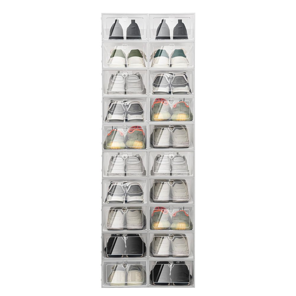 Foldable Plastic Shoe Box, White Shoe Box 20, Heart style, Stackable, Suitable for Placing Small iItems, Front Flap Models, to Prevent Dust