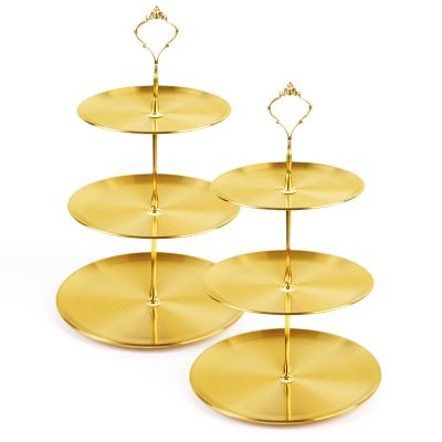 2-Piece Set Gold 3-Tier Cupcake Stand, Stainless Steel Dessert Display Stand Serving Tray (Suitable for Birthdays, Weddings, Parties) - Tray for Cakes, Pastries, Candies, Macarons (Gold)