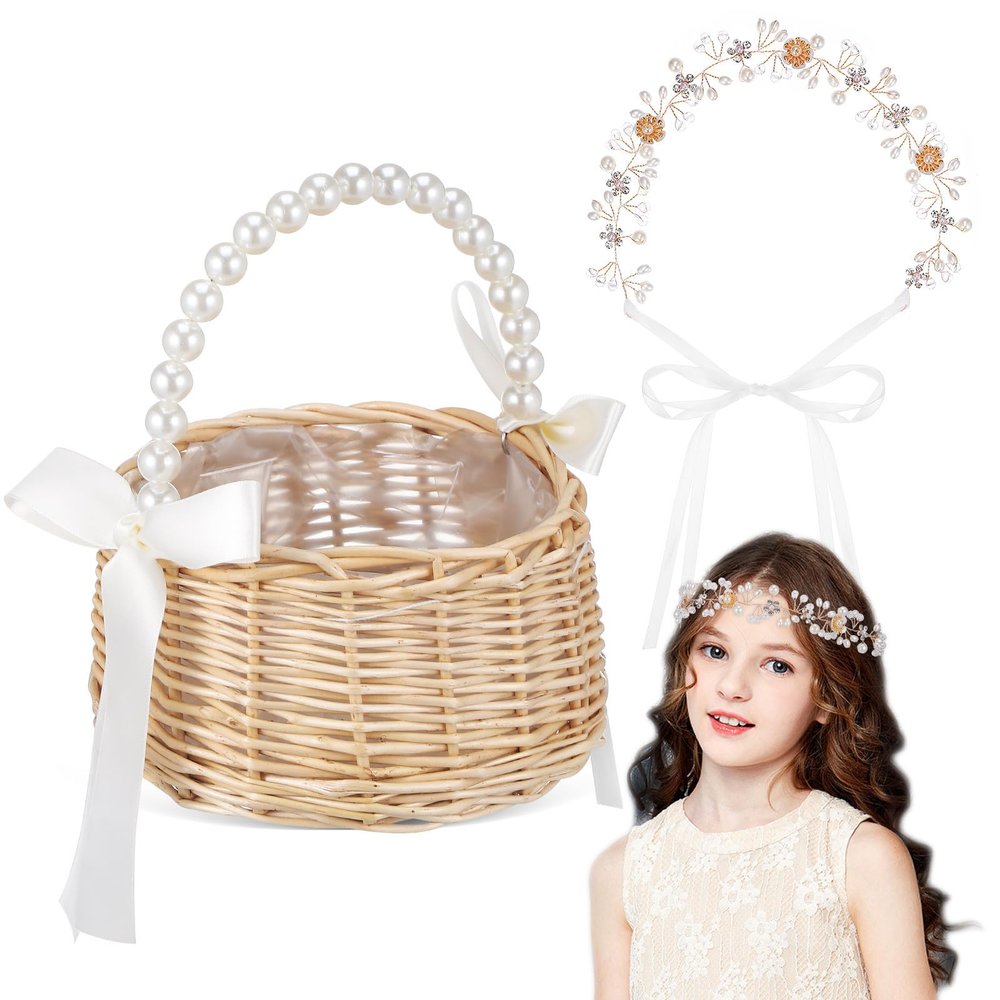 Small Rattan Flower Girl Basket with Handle, Lace Set for Weddings