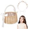 Small Rattan Flower Girl Basket with Handle, Lace Set for Weddings view 1