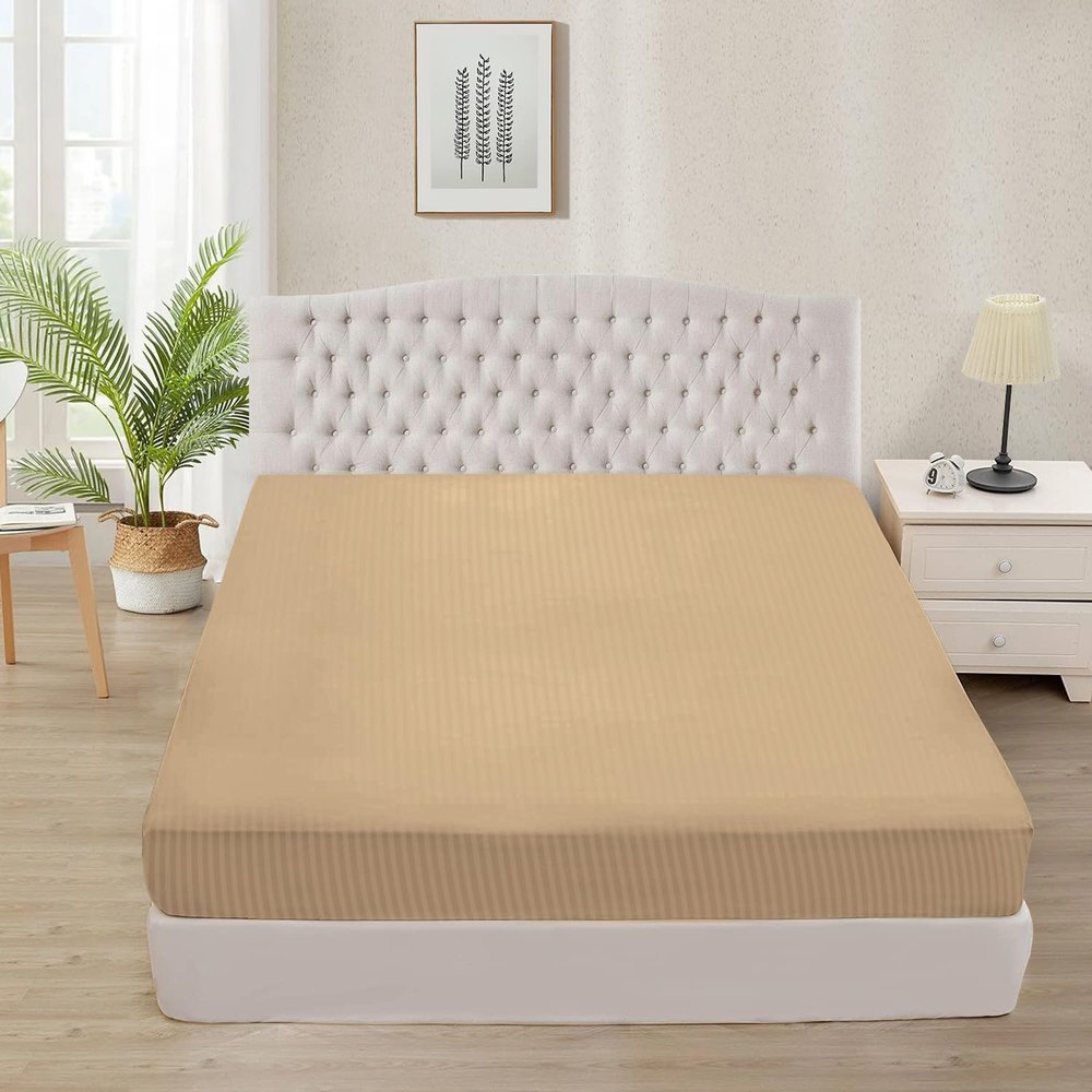 1000 TC Super Soft 1-Piece Fitted Bottom Sheet Only Grand King (80" x 98") Comfy & Breathable Peruvian Pima Cotton Fits Fully Elastic 25-30" Deep Pocket (Grand King, Stripe, Taupe)