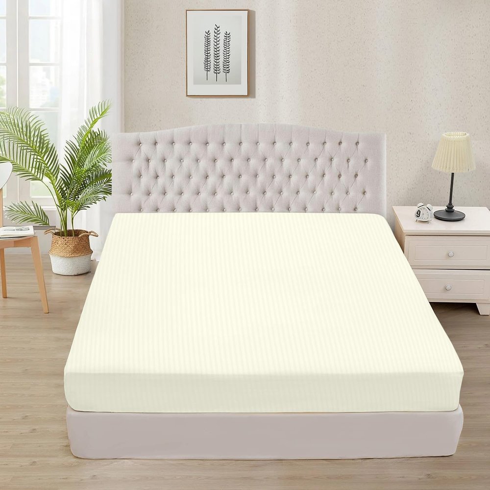 1000 TC Super Soft 1-Piece Fitted Bottom Sheet Only Emperor (84" x 84") Comfy & Breathable Peruvian Pima Cotton Fits Fully Elastic 25-30" Deep Pocket (Emperor, Stripe, Ivory)