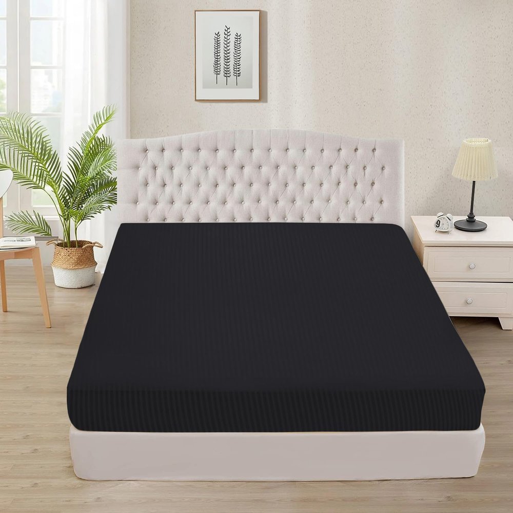 1000 TC Super Soft 1-Piece Fitted Bottom Sheet Only Full (54" x 75") Comfy & Breathable Peruvian Pima Cotton Fits Fully Elastic 10-12" Deep Pocket (Full, Stripe, Black)