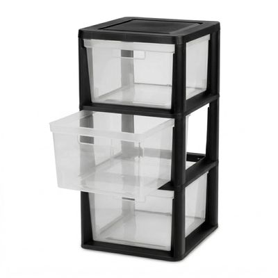 3 Drawer Plastic Storage Tower, Medium 14.9" x 12.6" x 25.3" Organizer Chest with Removable Clear Bins, Lightweight Drawer Unit for Closet, Office, Dorm and Bathroom Organization, Black