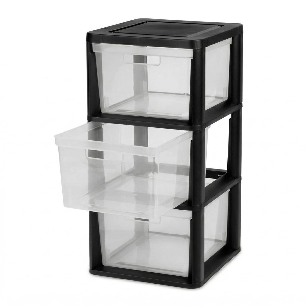 3 Drawer Plastic Storage Tower, Medium 14.9" x 12.6" x 25.3" Organizer Chest with Removable Clear Bins, Lightweight Drawer Unit for Closet, Office, Dorm and Bathroom Organization, Black