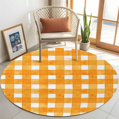 Round Rugs 3.3ft, Orange Plaid Washable Rug for Living Non Slip TPR Backing, Watercolor Grid Checker Gingham Farmhouse Low Pile Indoor Carpet Circle Area Rug for Bedroom, Kitchen, Office, Kids