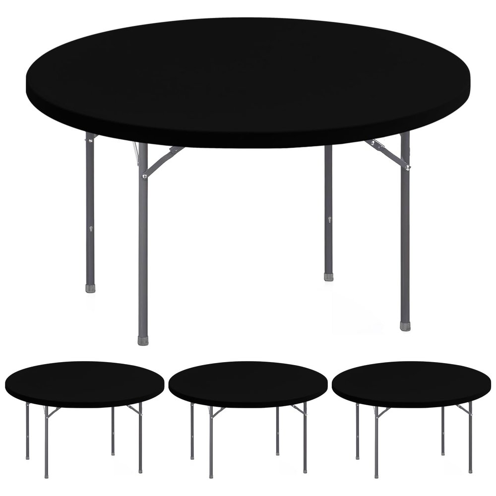 4 Pack Round Fitted Tablecloth for 60 Inches Tables Elastic Waterproof Stretch Washable Folding Picnic Patio Table Cover Indoor Outdoor Spandex Table Cloth for Wedding Dining Banquet Parties (Black)