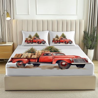 Sheet Set Twin Red Christmas Retro Truck Gift Boxes Luxury Soft Brushed Microfiber Fitted Sheet 3-Piece Set Deep Pocket, Wrinkle-Resistant, Hypoallergenic Bedding for Queen/King Beds