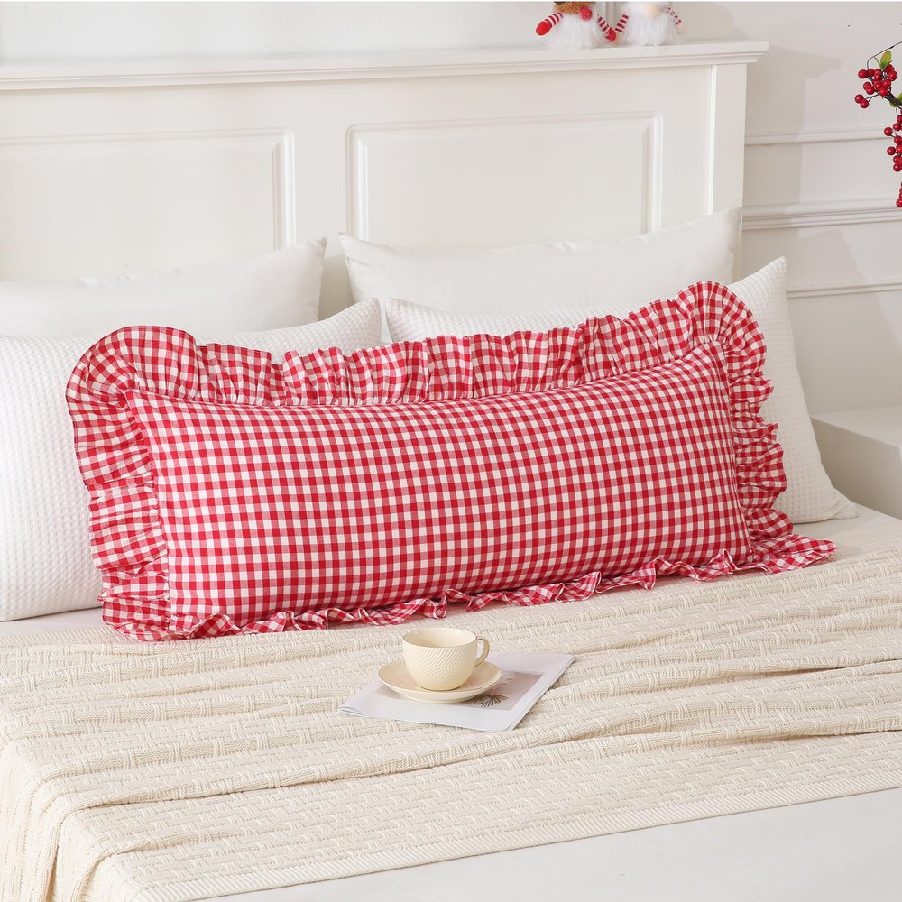 14x36 inches Red/White Plaid Ruffle Lumbar Gingham Pillow Sham 1 Piece, Pure Cotton Decor Pillowcase Farmhouse Pillow Cover for Bedding Couch