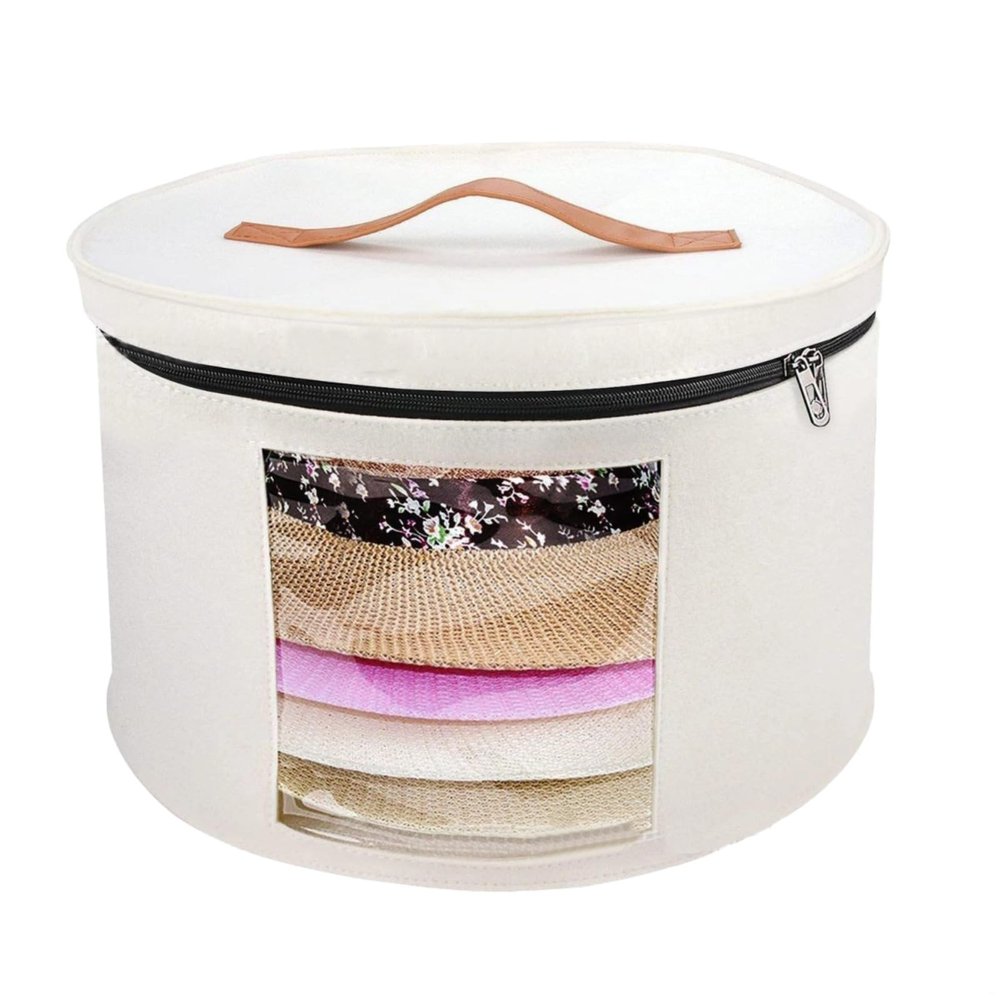 Kronabelle Round Felt Storage Box for Baseball Caps, Cap Organizer with Handle, Zipper Closure, Clear Window, Space-Saving Design for Women, Ideal for Portable Use, White