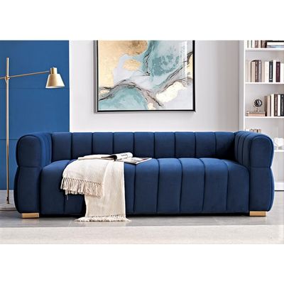 Asmeten 89" Wide Art Deco Velvet Sofa - 3-Seater, Tufted Low Back, Easy-Assemble Couch for Living Room (Blue + Velvet + 3 Seat + Square Arms)