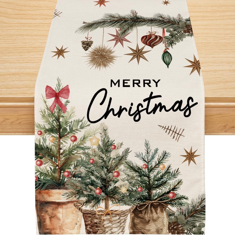 Christmas Table Runner, Xmas Trees Merry Christmas Runner for Table Holly Pine Cone Seasonal Winter New Year Holiday Home Party Decor Festival Decorations 13x72 Inch