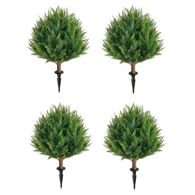 25Inch Artificial Cedar Topiary Ball Trees Set of 4 - UV Resistant Faux Shrub Bushes with Ground Spike, Indoor/Outdoor Artificial Plants for Front Porch, Garden, Patio & Planters