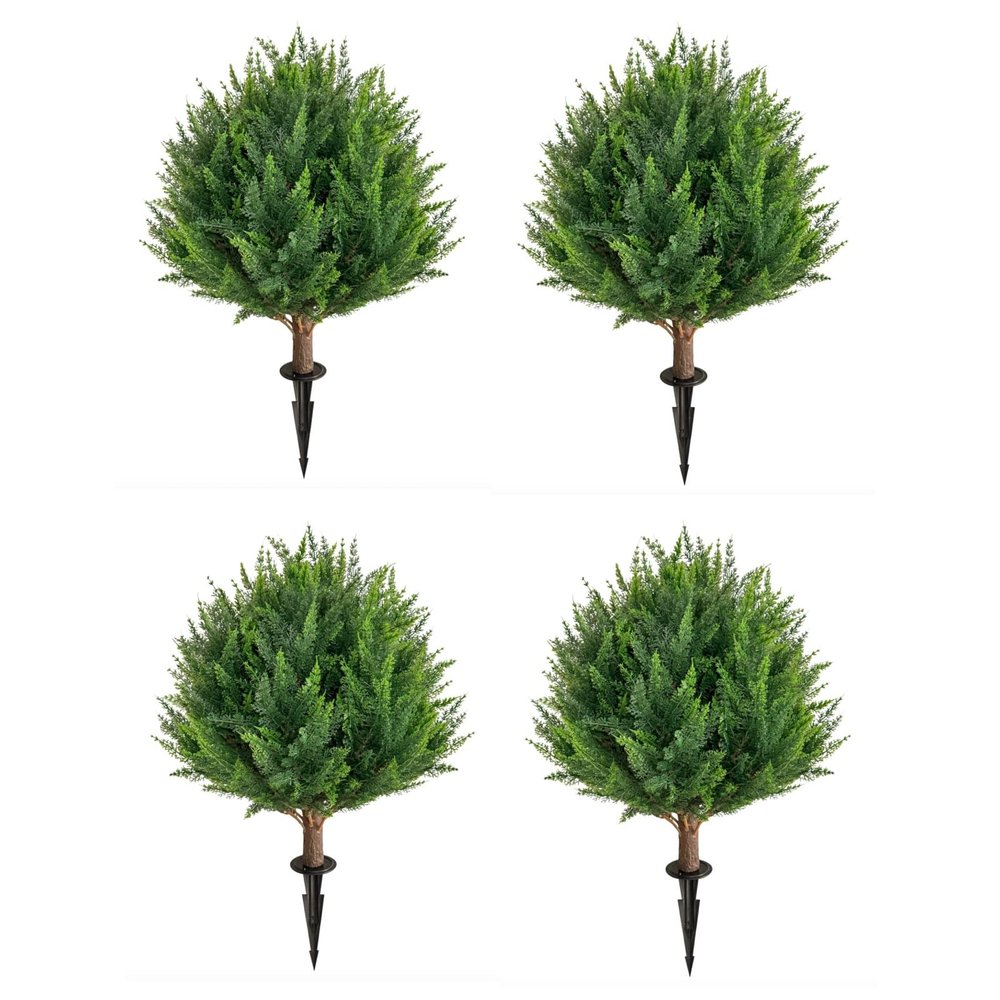 25Inch Artificial Cedar Topiary Ball Trees Set of 4 - UV Resistant Faux Shrub Bushes with Ground Spike, Indoor/Outdoor Artificial Plants for Front Porch, Garden, Patio & Planters