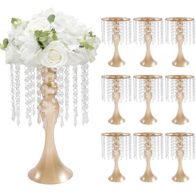 10 Pcs Crystal Flower Stand Wedding Centerpieces for Tables, 13.8in/35cm Height Flower Arrangement Holders Metal Flower Vase for Wedding Party Event Reception Dining Room Living Room Decor (Gold)