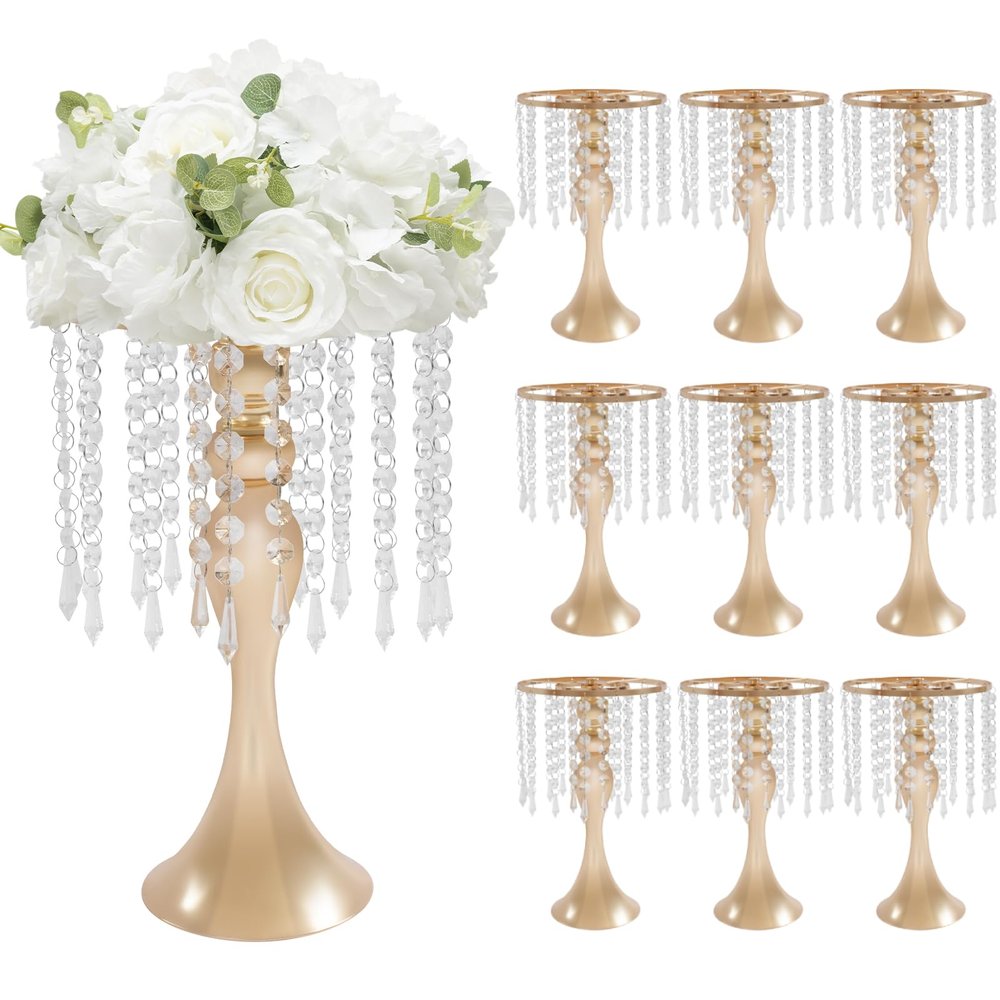 10 Pcs Crystal Flower Stand Wedding Centerpieces for Tables, 13.8in/35cm Height Flower Arrangement Holders Metal Flower Vase for Wedding Party Event Reception Dining Room Living Room Decor (Gold)