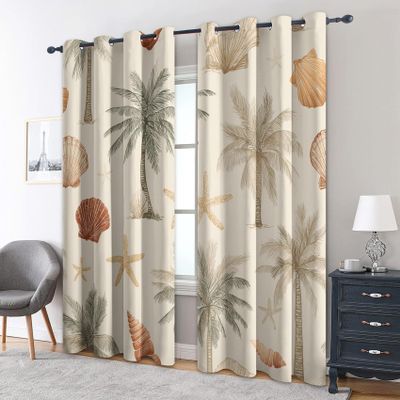 95% Blackout Tropical Beach Curtains 63 Inch Bedroom 2 Panel Set, Ocean Seaside Coastal Palm Tree Seashell Starfish Printed Thermal Darkening Grommet Window Drapes for Living Room, Home Decor -N629