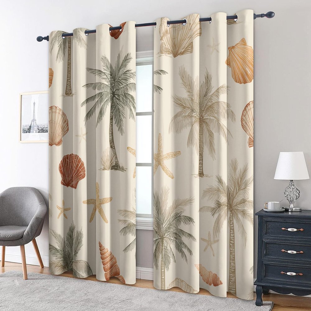 95% Blackout Tropical Beach Curtains 63 Inch Bedroom 2 Panel Set, Ocean Seaside Coastal Palm Tree Seashell Starfish Printed Thermal Darkening Grommet Window Drapes for Living Room, Home Decor -N629