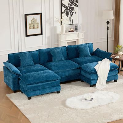 117.3" Blue Modular Sectional Sofa, 3 Seater Large Sectional Couches for Living Room, Chenille Fabric Oversized Cloud Couch with Ottoman, Modern Sofas Set, Sofas para Sala, U Shaped