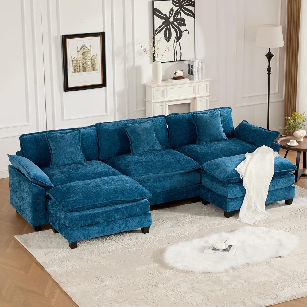 117.3" Blue Modular Sectional Sofa, 3 Seater Large Sectional Couches for Living Room, Chenille Fabric Oversized Cloud Couch with Ottoman, Modern Sofas Set, Sofas para Sala, U Shaped