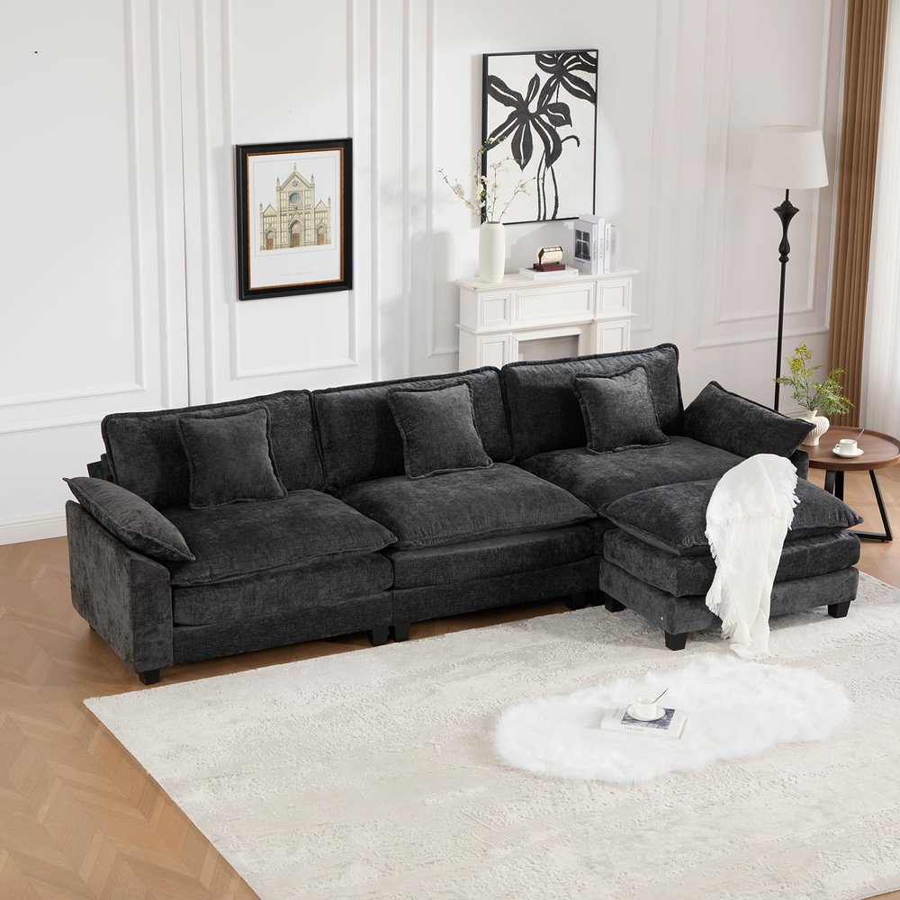 117.3" Black Modular Sectional Sofa, 3 Seater Large Sectional Couches for Living Room, Chenille Fabric Oversized Cloud Couch with Ottoman, Modern Sofas Set, Sofas para Sala, L Shaped