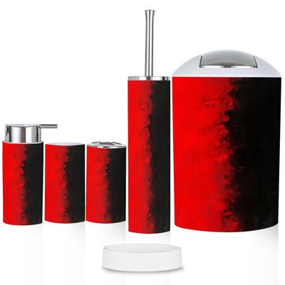 Bathroom Accessory Set 6 Piece Grunge red Brushstrokes Black Toothbrush Cup Toothbrush Holder Soap Dispenser Soap Dish Trash Can with Lid Toilet Brush Holder Counter Decor