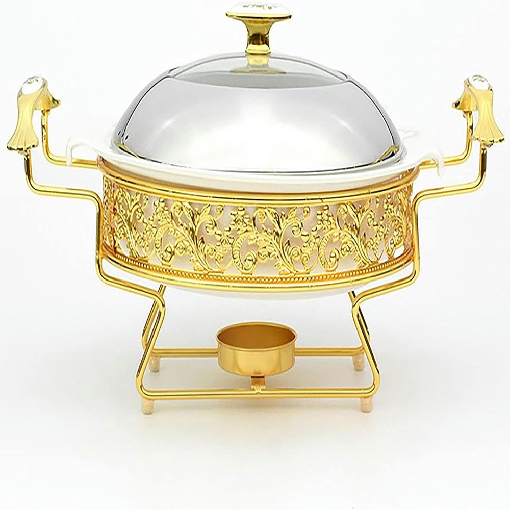 DSWMY Catering Supplies,Golden Pattern Chafing Dish Buffet Set, Round Stainless Steel with Lid for Weddings Parties Banquets Events, and Warmer(28 cm)